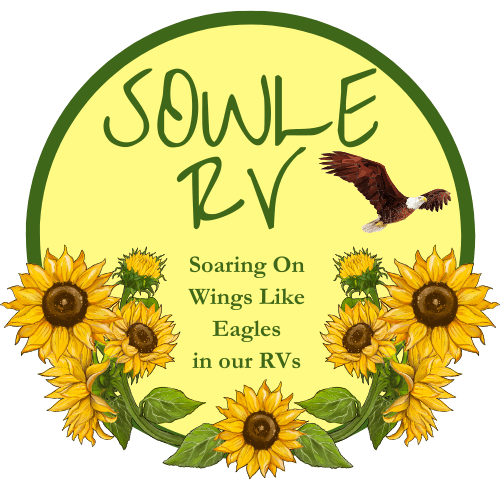 Title: SOWLE RV with Eagle flying Subtitle: Soaring On Wings Like Eagles in our RVs Sunflowers around circle icon